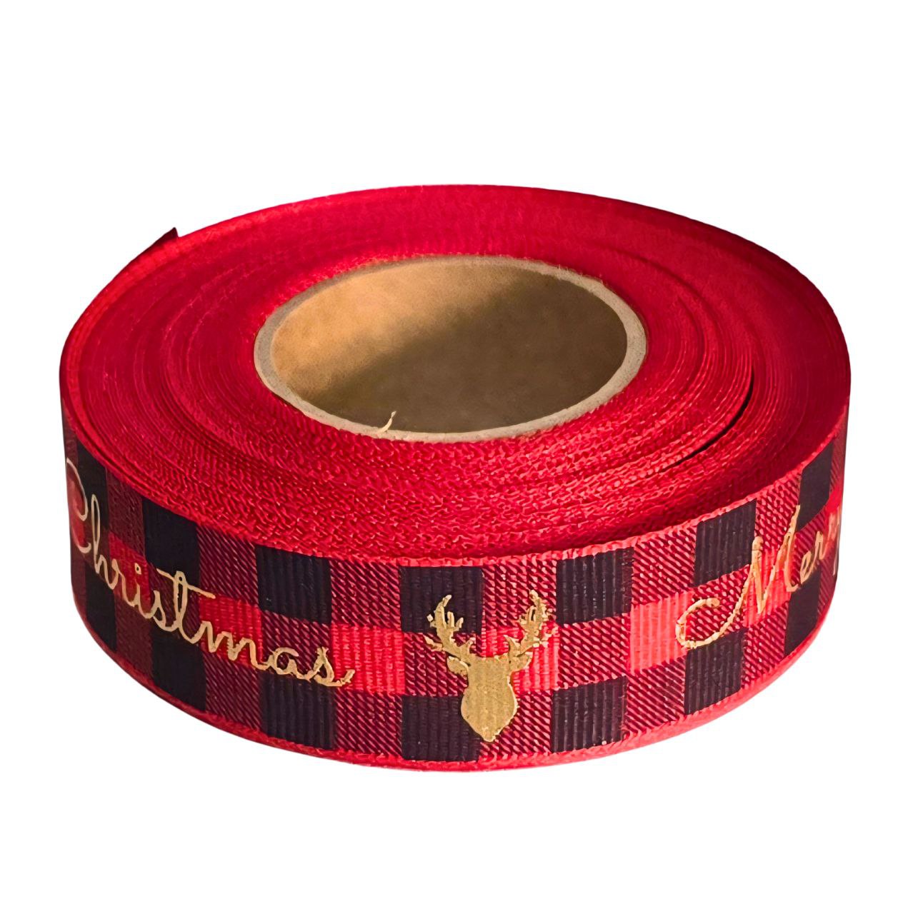 Christmas Ribbon - Merry Christmas Gold on Red tartan - 25mm x 10m roll