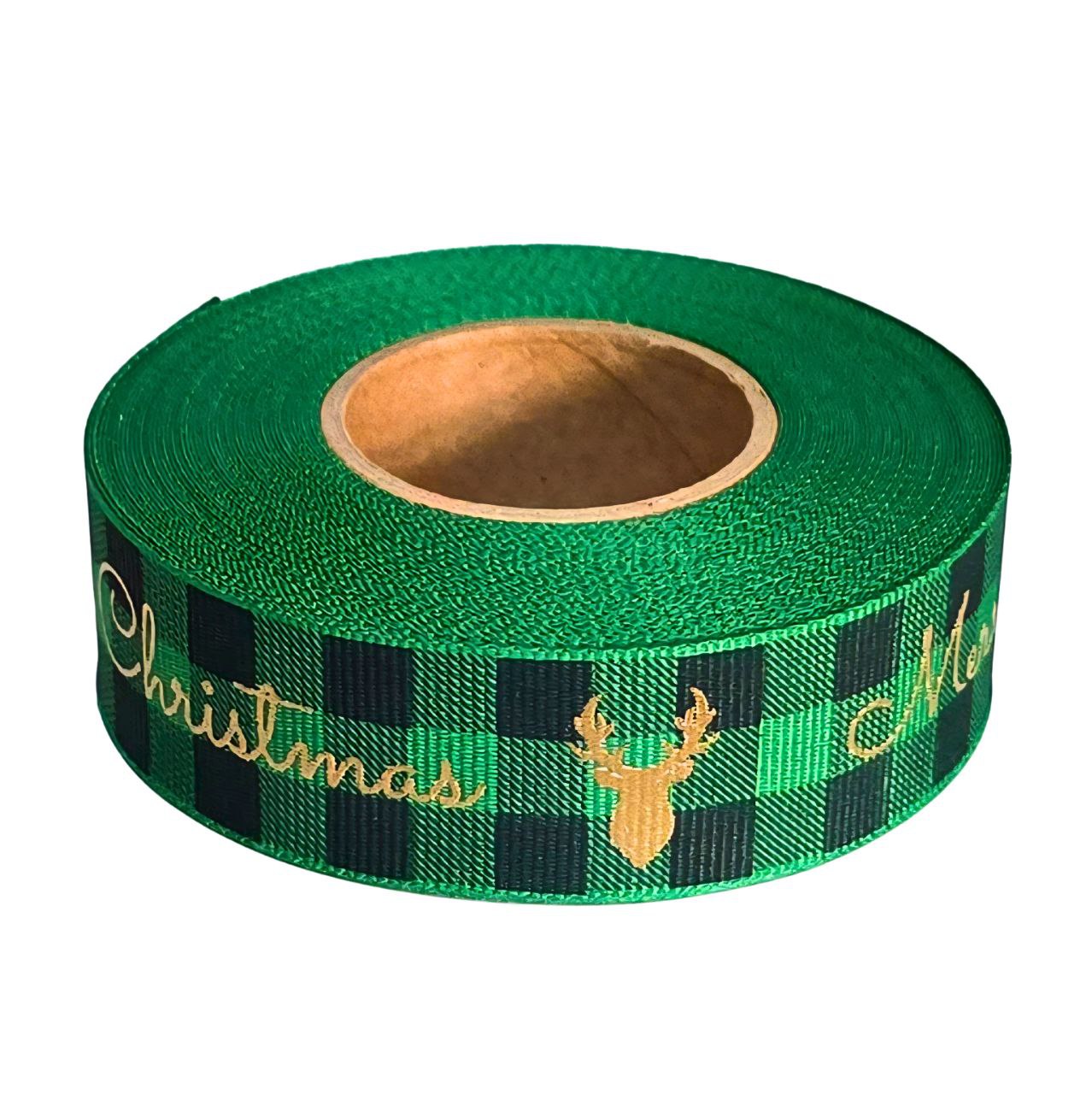 Christmas Ribbon - Merry Christmas Gold on Green tartan - 25mm x 10m roll