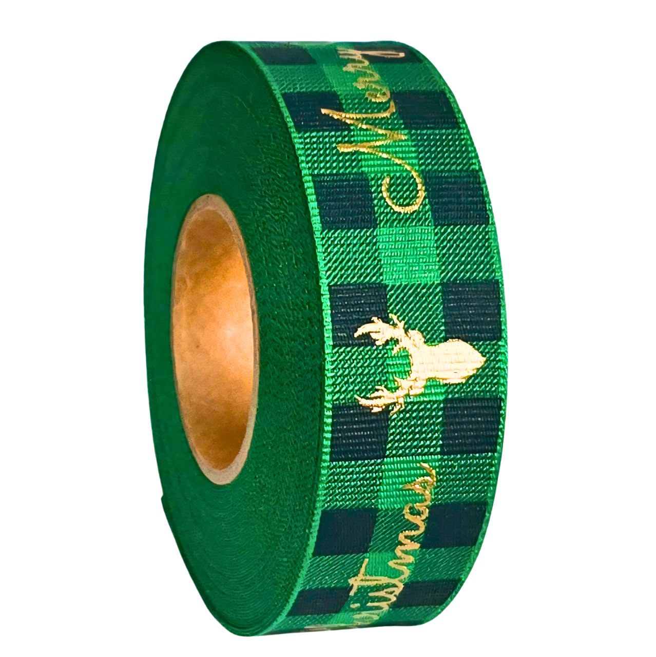 Christmas Ribbon - Merry Christmas Gold on Green tartan - 25mm x 10m roll - Image 2