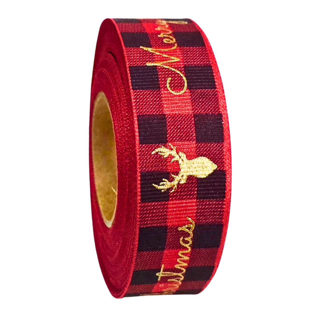 Christmas Ribbon - Merry Christmas Gold on Red tartan - 25mm x 10m roll - Image 2