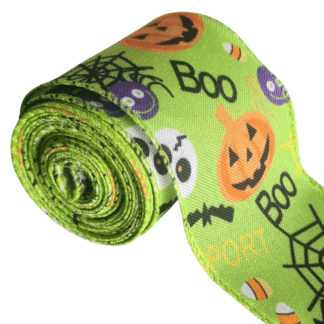 Halloween Ribbon with wired edge - Lime Bats & Spiders
