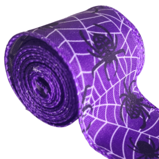 Halloween Ribbon with wired edge - Purple Spiders